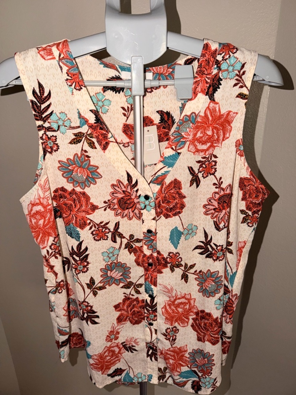 Maurices Cream Blouse with Coral & Teal Floral Print - Picture 2 of 6